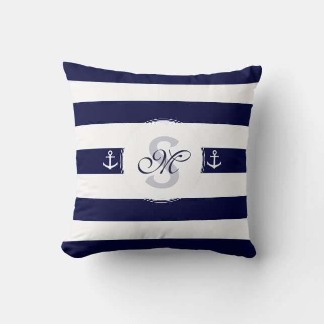 Coussin Rayures nautiques de blanc de bleu marine (Recto)
