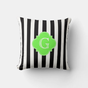 Coussin Rayures Noir Blanc Monogramme Quatrefeuille Vert C