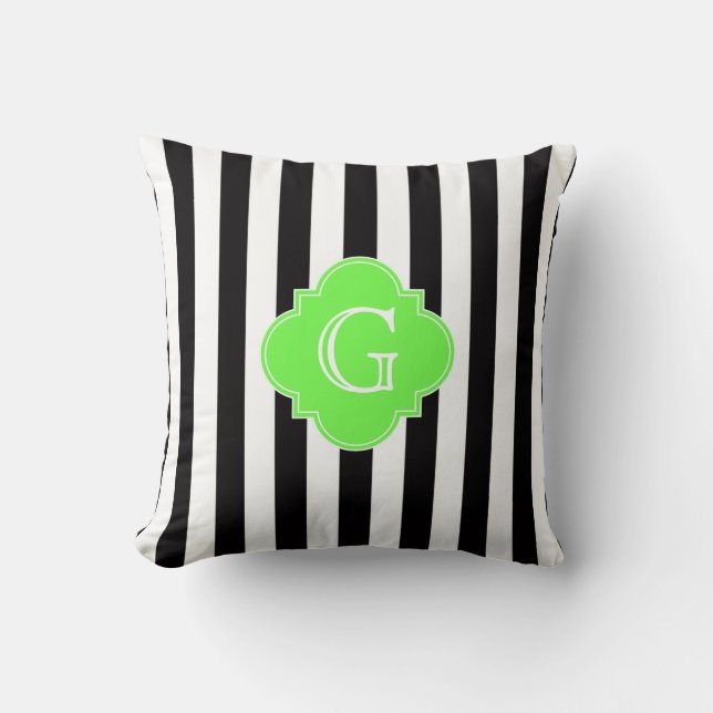 Coussin Rayures Noir Blanc Monogramme Quatrefeuille Vert C (Recto)