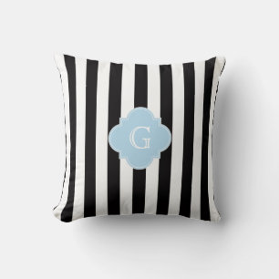 Coussin Rayures Noir Blanc Monogramme Quatrefeuilles Bleu 