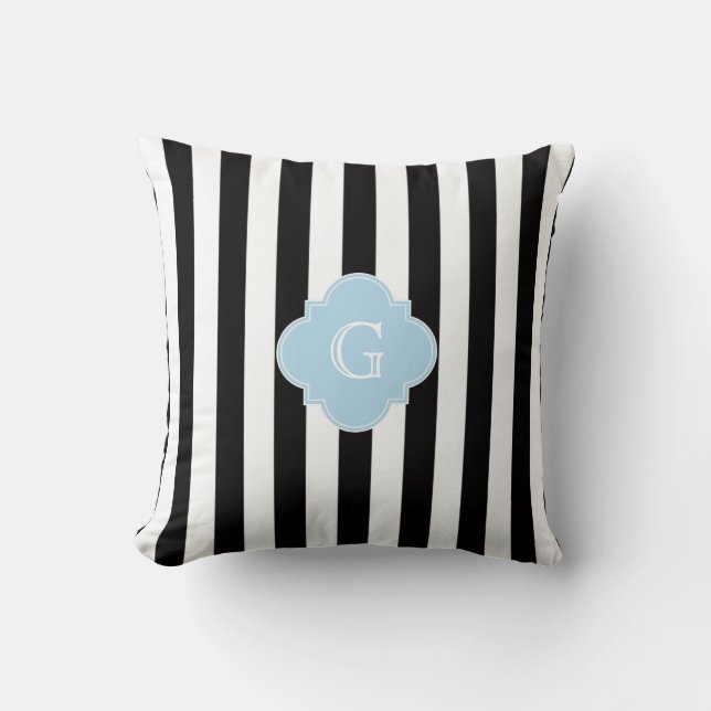 Coussin Rayures Noir Blanc Monogramme Quatrefeuilles Bleu  (Recto)