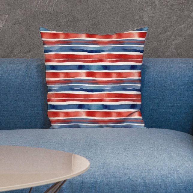 Coussin Rayures rouges et bleues modernes aquarelle améric (Créateur téléchargé)