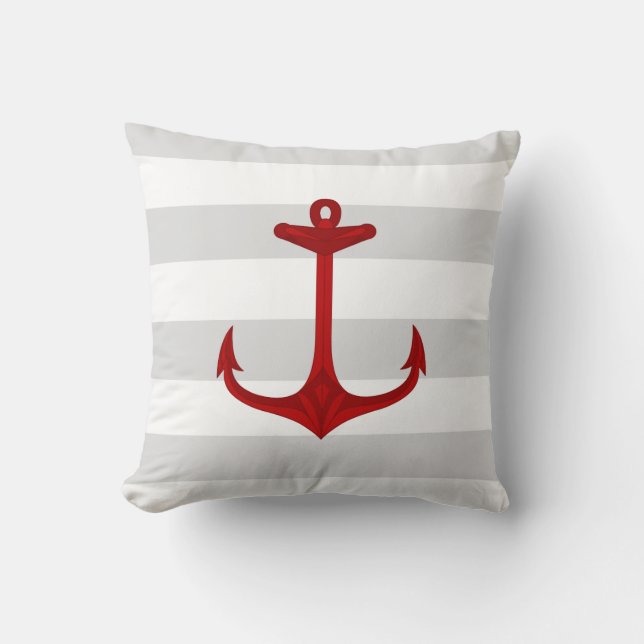 Coussin Rayures rouges nautiques de blanc gris d'Ancre (Recto)