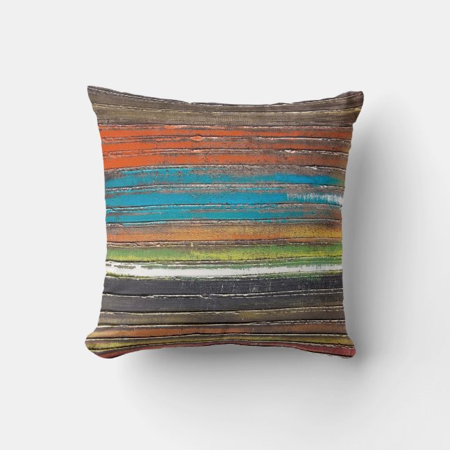 Coussin rayures rustiques peintes sur motif en bois (Recto)