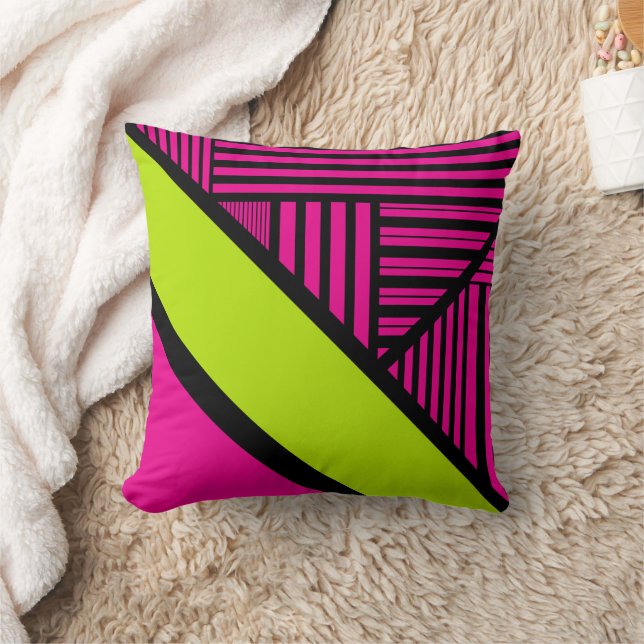 Coussin Rayures triangulaires en vert citron, rose vif et  (Couverture)