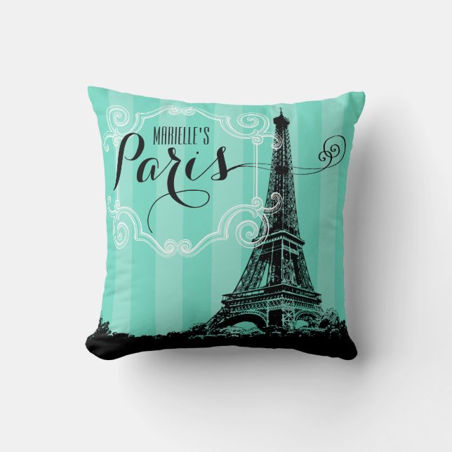 Coussin Rayures vertes de Seafoam de monogramme de Tour (Recto)