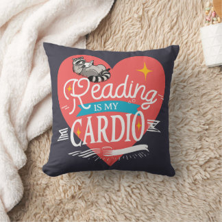 Coussin Reading is My Cardio Red Heart Raccoon
