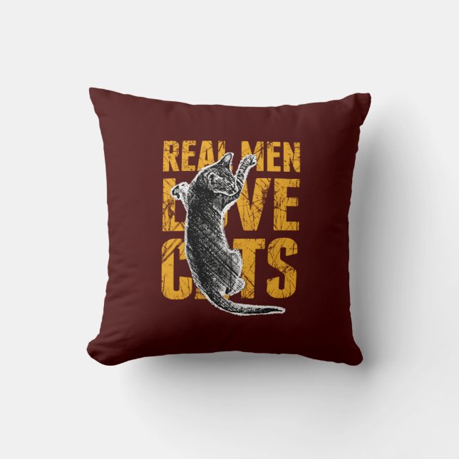 Coussin Real Men Love Chats sur rouge bordeaux (Recto)