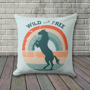 Coussin Rearing Blue Horse Retro Rainbow Wild Free