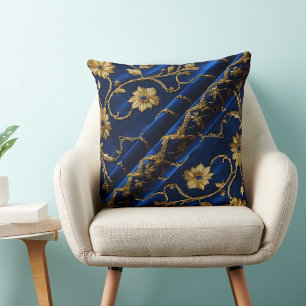 Coussin Rebroderie vintage look Blue Gold Flowers