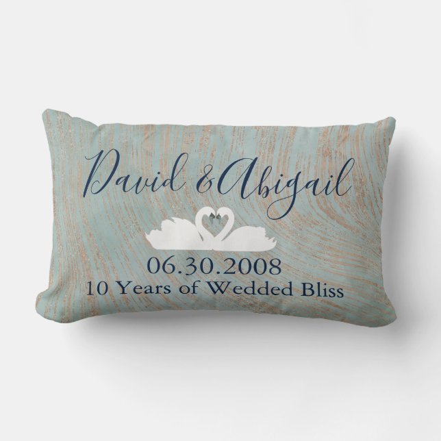 Coussin Rectangle 10e anniversaire Mariage cygnes Bleu et cuivre (Recto)
