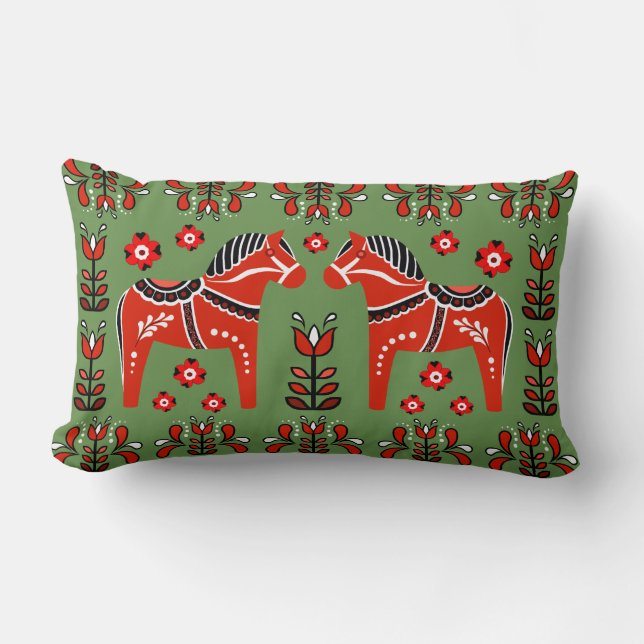 Coussin Rectangle 2 Dala folk Horse/Folk floral, blanc/vert/rouge (Recto)