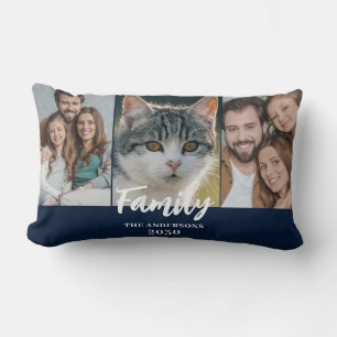 Coussin Rectangle 3 Photo Collage Bleu Nom de famille Année
