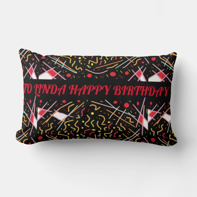 Coussin Rectangle A Linda heureux anniversaire rouge jaune noir desi (Recto)