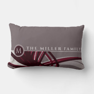 Coussin Rectangle Abstrait gris et bordeaux   Monogramme   Nom de fa
