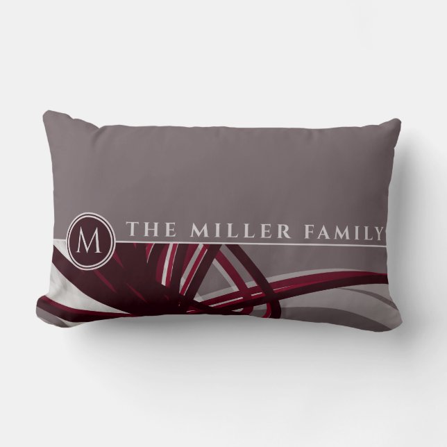 Coussin Rectangle Abstrait gris et bordeaux | Monogramme | Nom de fa (Recto)