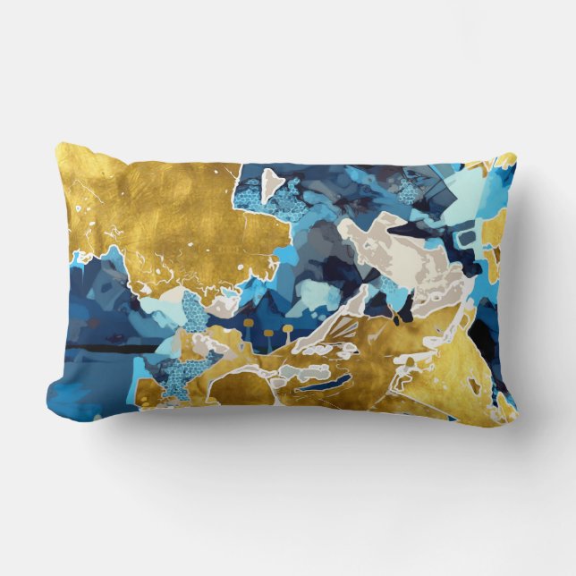 Coussin Rectangle Abstrait, moderne, collage, or, bleu marine (Recto)