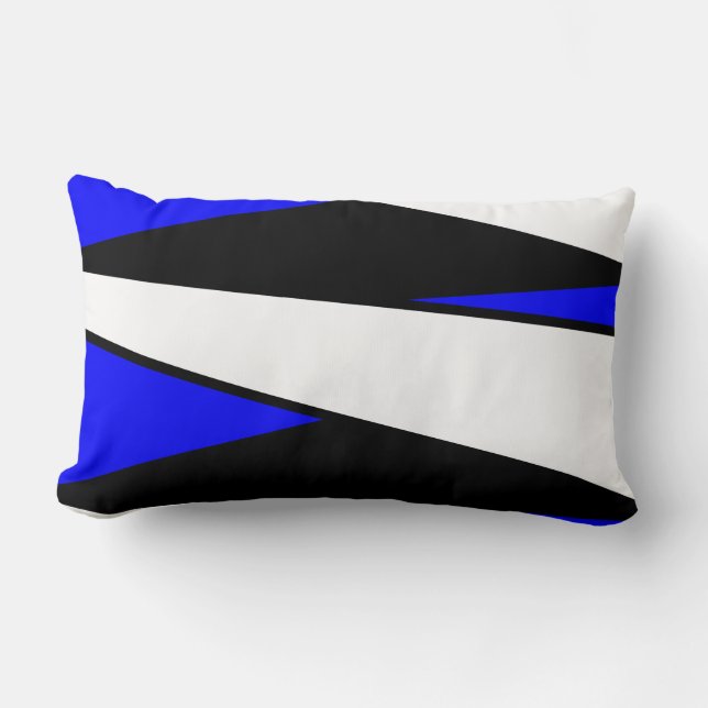 Coussin Rectangle Abstrait, noir et blanc sur bleu (Recto)
