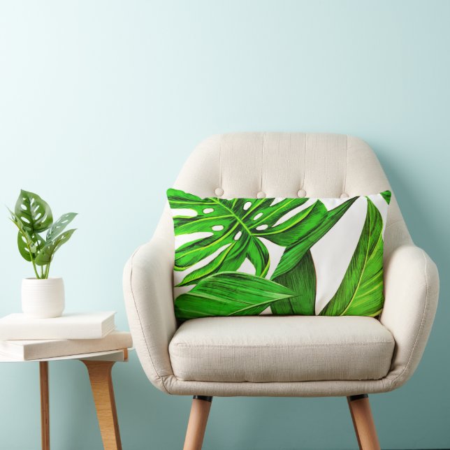Coussin Rectangle Accent de feuilles tropicales vertes d'été (Chaise)