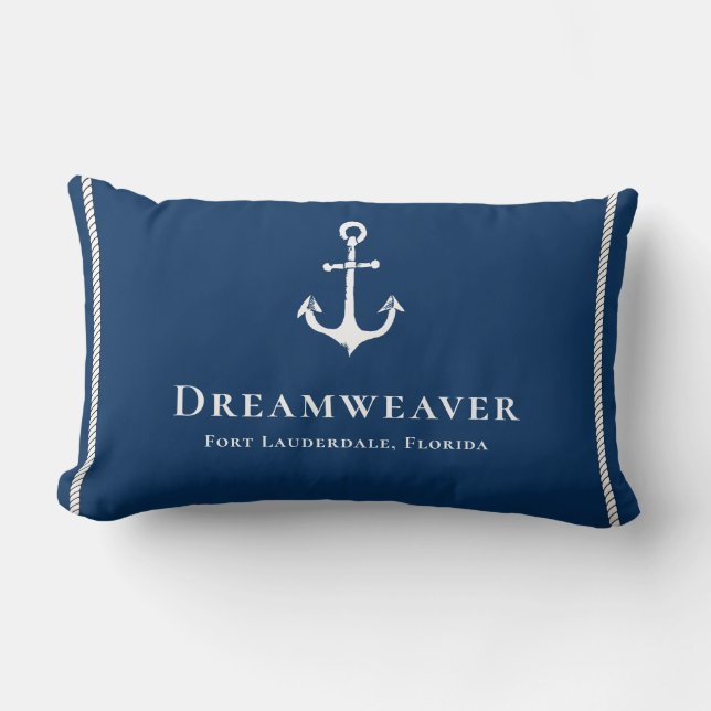 Coussin Rectangle Accueil bleu nautique à bord Nom du bateau Ancre (Recto)