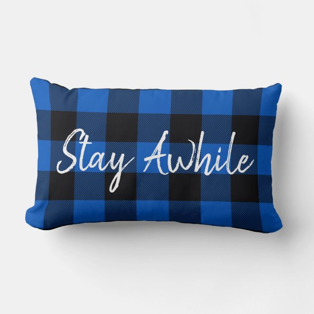 Coussin Rectangle Ajouter un texte sur le noir et le bleu plaid (Recto)