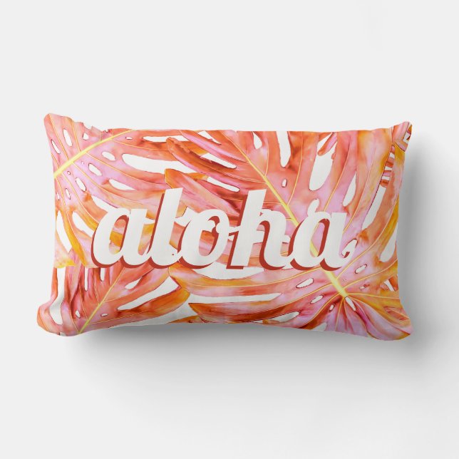 Coussin Rectangle Aloha Hawaii Tropical Leaf Motif Coral Rose Gold (Recto)