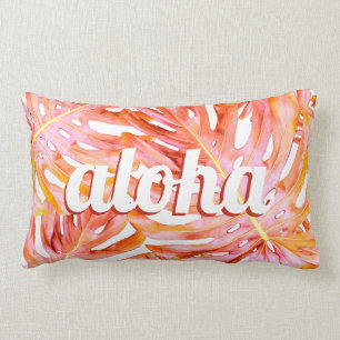 Coussin Rectangle Aloha Hawaii Tropical Leaf Motif Coral Rose Gold