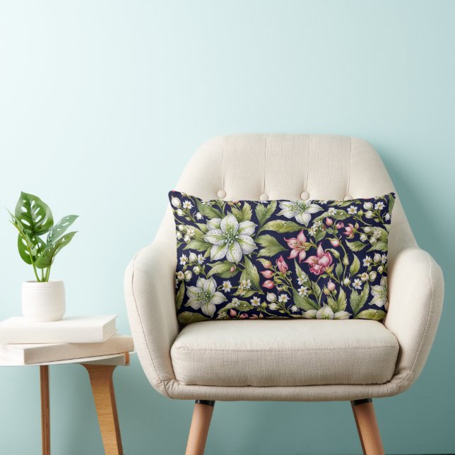 Coussin Rectangle Amaryllis blanc et roses sur la marine (Chaise)