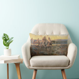 Coussin Rectangle Amérindiens vintages, Piégans par CM Russell