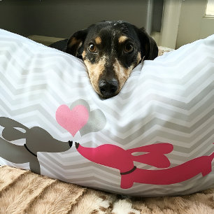 Coussin Rectangle Amour et cœurs de chien teckel couleur rose et gri