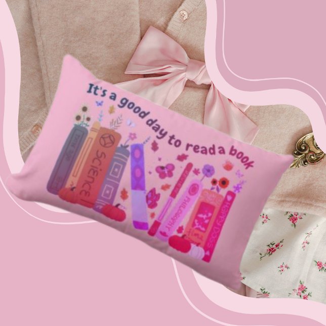 Coussin Rectangle Amoureux des livres livresques, Citrouille orange  (Bookish book Lovers Lumbar Pillow light pink color, cute orange pumpkin, fall/autumn, Its A Good Day)