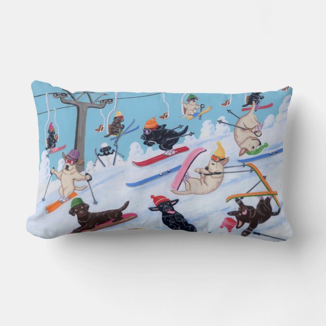 Coussin Rectangle Amusement Labradors de ski d'hiver (Recto)