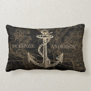 Coussin Rectangle Ancien Monde Ancre nautique Monogramme Noir