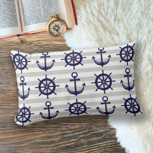 Coussin Rectangle Ancre Bleue Marine Roue De Bateau Rayure Grise Nau