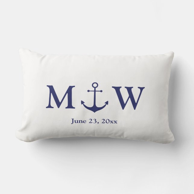 Coussin Rectangle ancre nautique mariage marine bleu blanc monogramm (Recto)