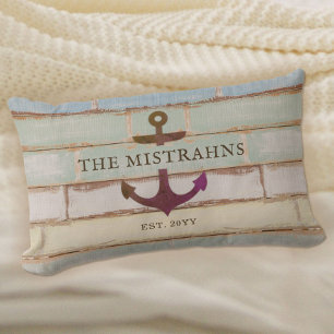 Coussin Rectangle Ancre nautique Nom de famille Bois rustique