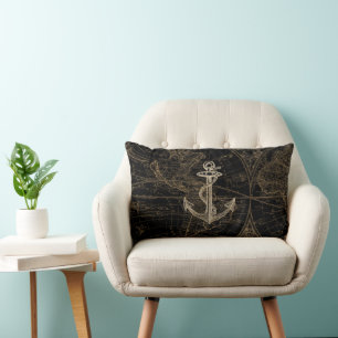 Coussin Rectangle Ancre Noire Beige Nautique Carte du monde Jeter Or