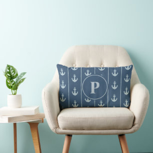 Coussin Rectangle Ancres Nautiliques et Rayures de Corde Monogramm