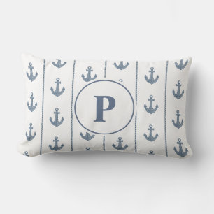 Coussin Rectangle Ancres Nautiliques et Rayures de Corde   Monogramm