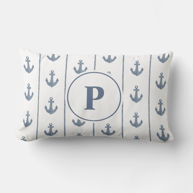 Coussin Rectangle Ancres Nautiliques et Rayures de Corde | Monogramm (Recto)