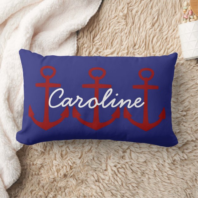 Coussin Rectangle Ancres rouges sur fond bleu marine personnalisé (Couverture)