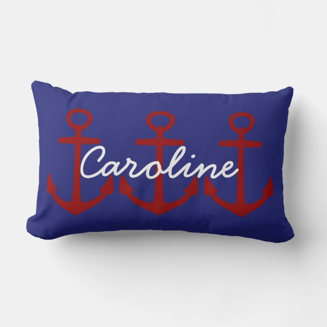 Coussin Rectangle Ancres rouges sur le bleu nautique personnalisé (Recto)