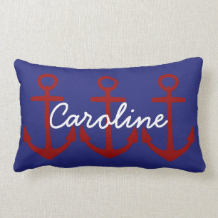 Coussin Rectangle Ancres rouges sur le bleu nautique personnalisé
