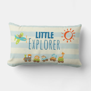 Coussin Rectangle Animal Toy Train and Airplane on Stripes