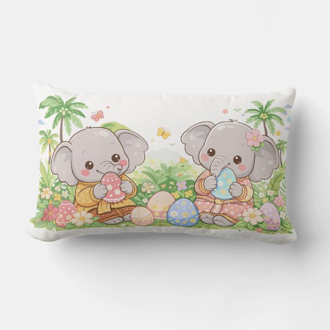 Coussin Rectangle Animaux Bébés Pastel avec Œufs Floraux (Recto)