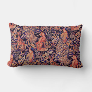 COUSSIN RECTANGLE ANIMAUX FORESTIERS, FOX, PEACOCK, HARE ROSE BLEU F