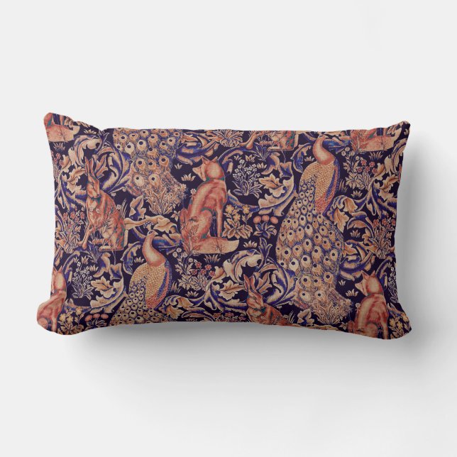 COUSSIN RECTANGLE ANIMAUX FORESTIERS, FOX, PEACOCK, HARE ROSE BLEU F (Recto)