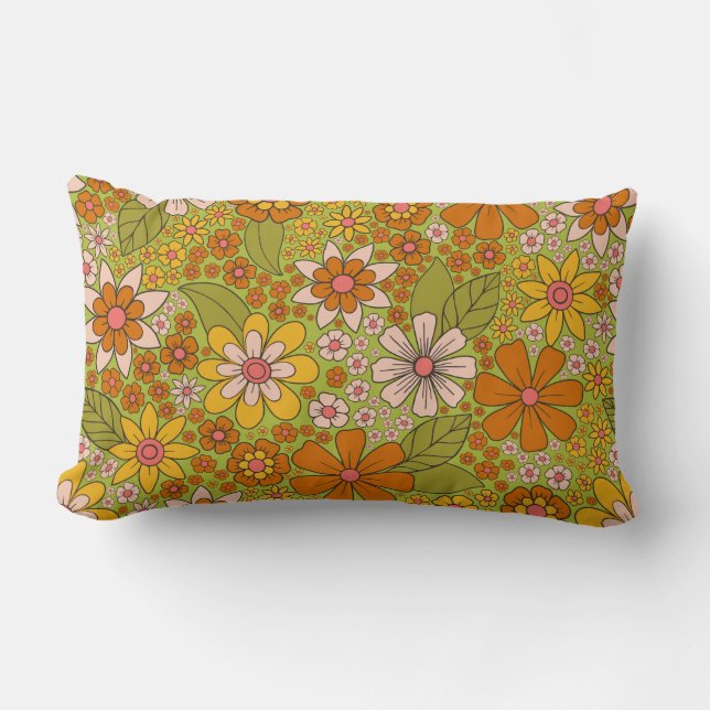 Coussin Rectangle Années 1960, 1970 Vert & Orange Retro Floral (Recto)