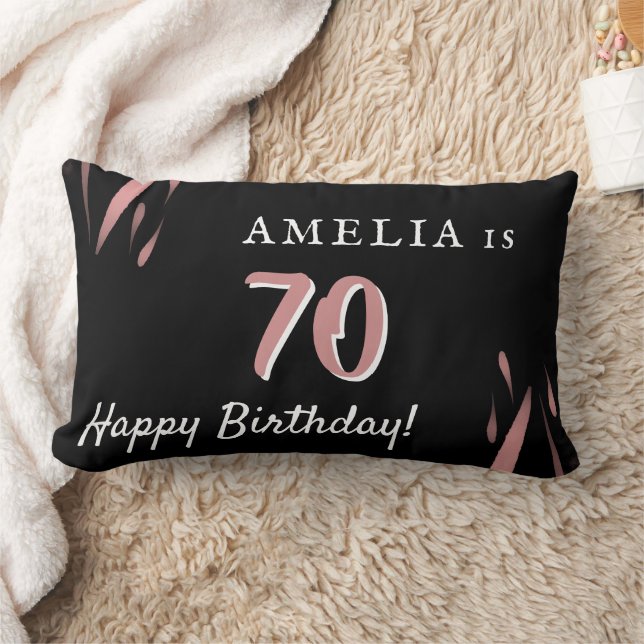 Coussin Rectangle Anniversaire 70 Ans Élégant Rose Aquarelle Noir  (Couverture)