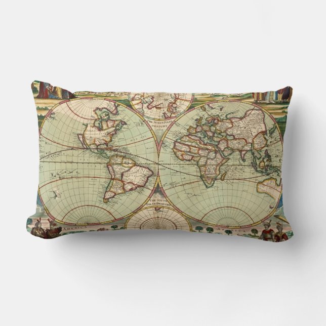 Coussin Rectangle Antique Vintage carte du monde (Recto)